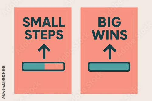 Progress Banners Design. Progress. Two vertical A6 banners with safe margins, centered composition, no elements touching edges, geometric, coral and teal,