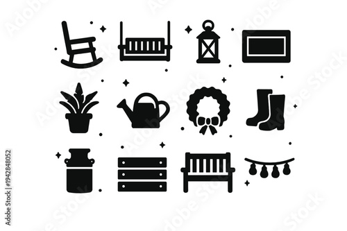 Farmhouse Porch Icons. Farmhouse Porch. Solid icons set of Farmhouse Porch: rocking chair, porch swing, lantern, welcome mat, potted fern, watering can,