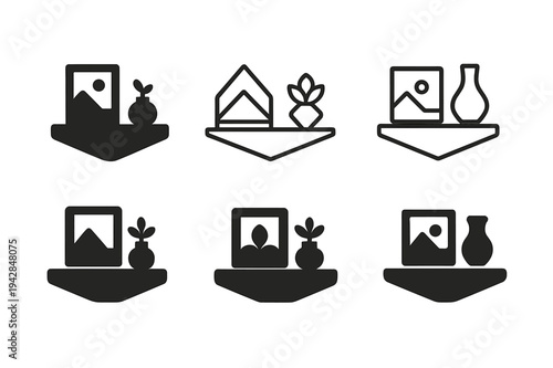 Budget Decor Icons. Home decor on a budget. Icon set. Set Logo of Home decor on a budget: minimalist floating shelf. harmonious logo variations of the same