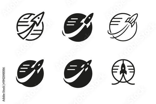 Futuristic Space Travel Emblems. Space tourism and futuristic travel experiences. Icon set. Set Logo of space tourism and futuristic travel experiences:
