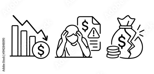 Financial Crisis Web Icons,Declining Economy, Stressed Person, and Warning Document in Line Style