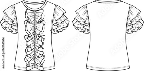 Technical fashion flat sketch of women round neck t-shirt with multi layered ruffled sleeves and vertical ruffle front detail template