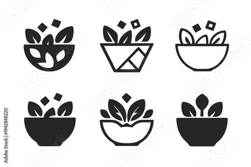 Salad Bowl Icons. Salad bowl. Icon set. Set Logo of salad bowl: Caesar salad bowl with croutons. harmonious logo variations of the same emblematic concept,