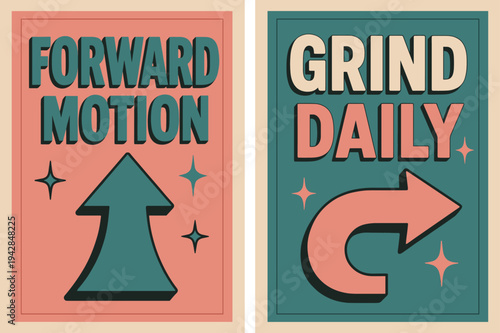Forward Motion Banners. Forward motion. Two vertical A6 banners with safe margins, centered composition, no elements touching edges, retro, pink and teal,