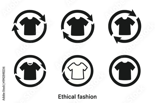 Ethical Fashion Logos. Ethical fashion. Icon set. Set Logo of Ethical fashion: circular arrows around garment. harmonious logo variations of the same