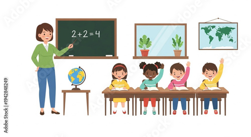 Diverse group of young students learning in a classroom setting with their teacher.