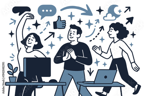 Digital Detox Environment. Digital detox for employees. Office room with devices turned off and abstract floating icons, arrows, and sparkles; conveys mental