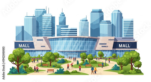 Modern Shopping Mall Building with People and Green Park Area.