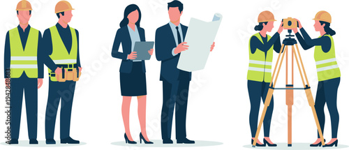 Construction teamwork illustration, engineers and workers, project collaboration, surveying and planning concept