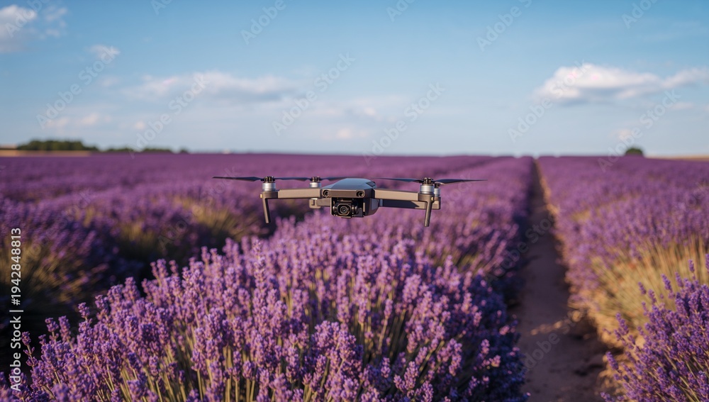 Fototapeta premium Hovering consumer quadcopter drone filming lavender rows on farm, showing camera, path, treeline