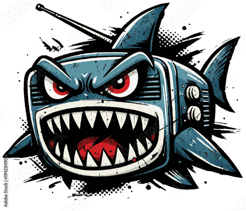 A bold hybrid design merging a retro radio with a shark, enhanced with grunge textures and halftone dots. The distressed style gives it a strong streetwear aesthetic suitable