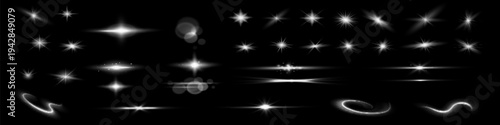Glow isolated white transparent light effect set, lens flare, explosion, glitter, line, sun flash, spark and stars. Abstract special effect element design.