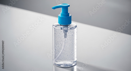 Clear bottle with blue pump, filled with liquid and small bubbles, suggesting sanitation, hygiene, and health. Suitable for healthcare or cleaning concepts.