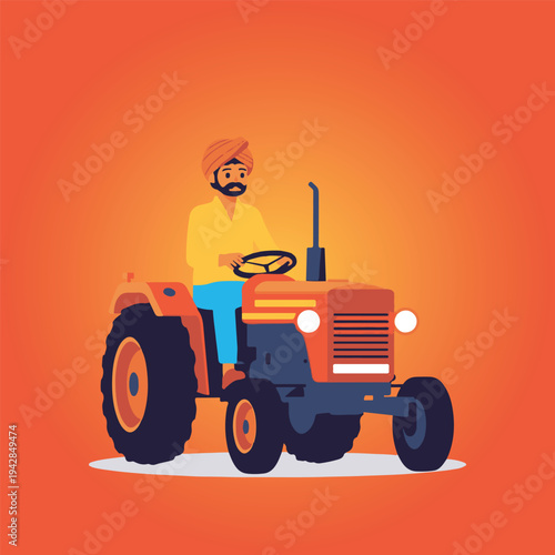 2D flat illustration of an Indian farmer driving a tractor, simplified shapes, bold outlines, bright flat colors, vector clipart style