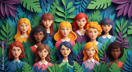 Illustration of diverse woman surrounded by tropical plant, showcasing community, unity, and botanical aesthetic. Representative of female empowerment.