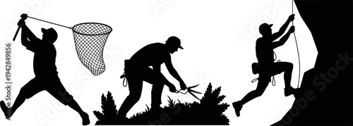 Bug catching silhouette, gardening illustration, rock climbing activity, outdoor recreation concept design