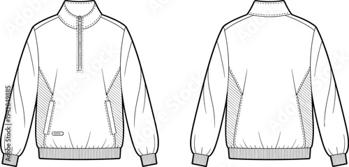 Half Zip Sweatshirt CAD Drawing Flat Vector Illustration, Front and Back Technical Fashion Template Athletic Pullover Jacket Design