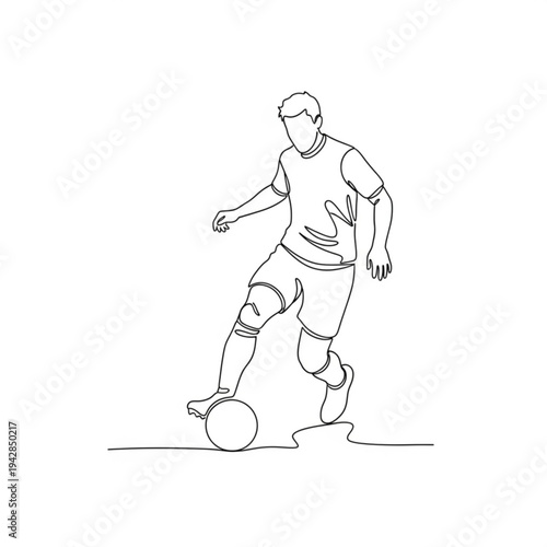 A minimalist line art illustration of a soccer player in action, kicking a ball with dynamic movement.