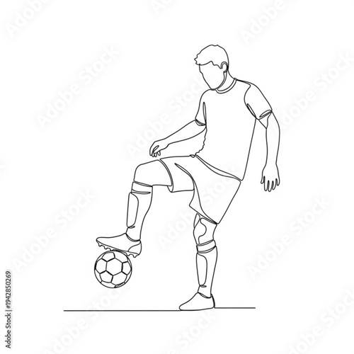 A minimalist line art illustration of a soccer player skillfully controlling a ball with his foot