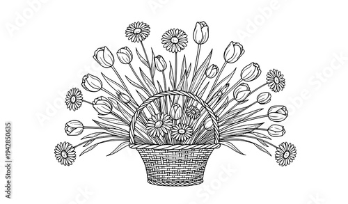 Decorative floral basket black and white vector illustration blooming flower arrangement
