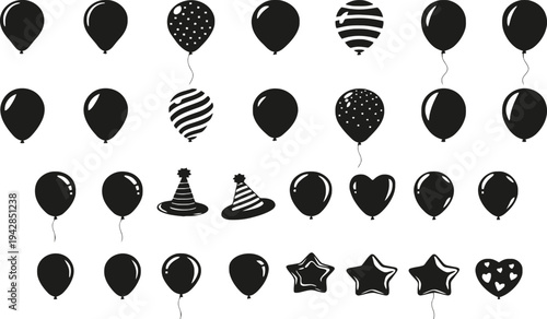 Black balloon silhouette icons set with party hats heart and star shapes for birthday celebration event decoration and festive anniversary vector