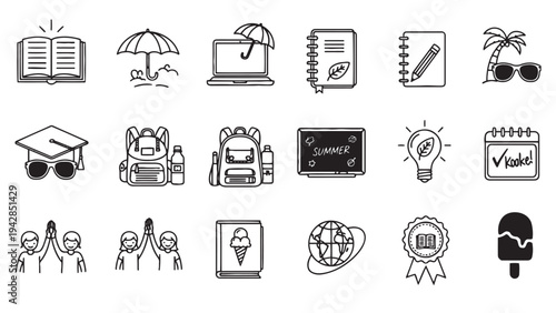 Summer School Kids Education and Seasonal Learning Activity Icon Set for Academic App UI Design