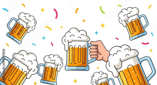 Illustration of a hand holding a beer mug filled with frothy golden beverage.