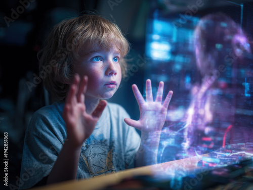 Child Interacting with Futuristic Holographic Technology