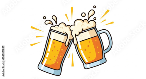 Two beer mugs clinking together in a celebratory toast, splashing golden liquid.