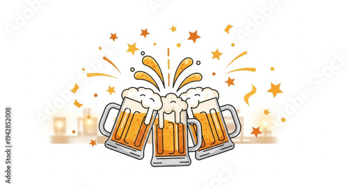 Three beer mugs toasting celebration with splash and stars.