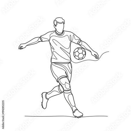 A minimalist line art illustration of a soccer player in action, kicking a ball with dynamic movement.