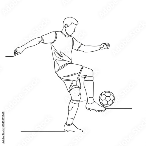 A minimalist line art illustration of a soccer player kicking a ball in a dynamic pose