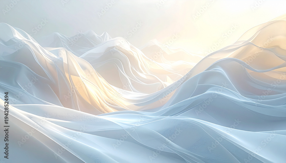 Fototapeta premium 右上から暖光が射す半透明シルクウェーブの白灰色山岳背景