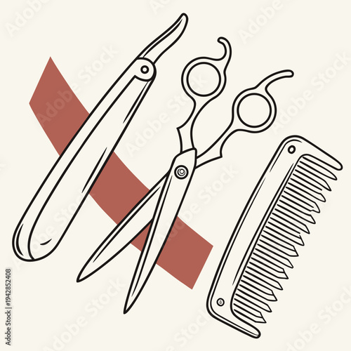 Barber tools: straight razor, scissors, comb