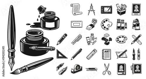 A comprehensive collection of art and drawing supplies, featuring vintage inkwells, pens, brushes, and modern stationery tools.