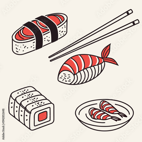 Sushi platter and chopsticks - delicious japanese food line art