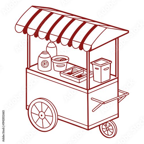 Street food cart with condiments and supplies - line art