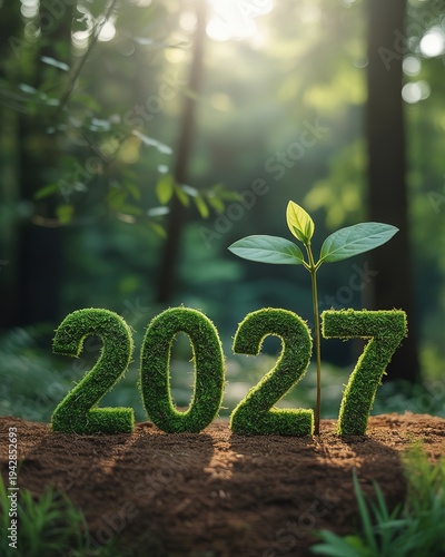 New Year 2027 Eco-Themed Scene with Moss Covered Numerals and Sprouting Seedling in Sun Dappled Forest for Sustainable Greeting Cards and Green Campaign Materials