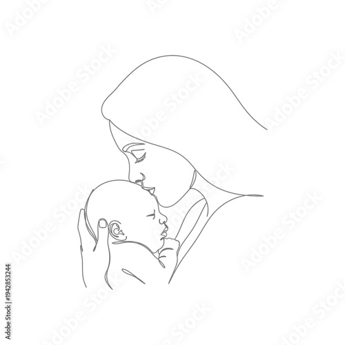 A minimalist line drawing depicts a mother tenderly holding her newborn baby close high quality professional
