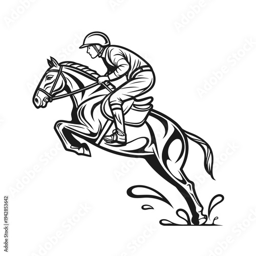 Vector illustration of horse and jockey jumping over obstacle