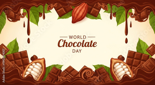 World chocolate day celebration with chocolate pieces cocoa beans and leaves on brown background