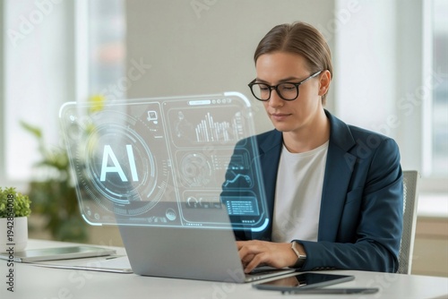 Businesswoman Using Laptop with Artificial Intelligence Interface in Modern Office