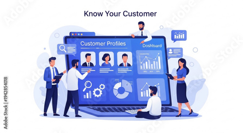 Business people analyze customer profiles on large computer screen for marketing strategy