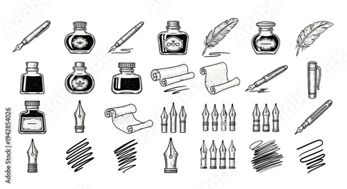 Detailed Calligraphy and Classic Writing Elements Doodle Icons on Isolated White Background