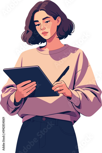 Illustrazione vettoriale di una persona che scrive o lavora su computer e tablet. Concetto di produttività, studio, lavoro digitale, tecnologia e creatività, adatto a progetti educativi, business e te