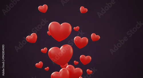 Red hearts floating upwards on dark background symbolizing love and affection in a romantic atmosphere with vibrant 3d illustration