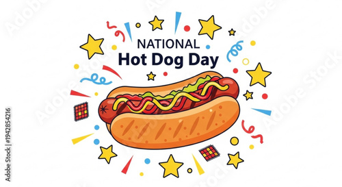 National hot dog day celebration with colorful confetti and toppings