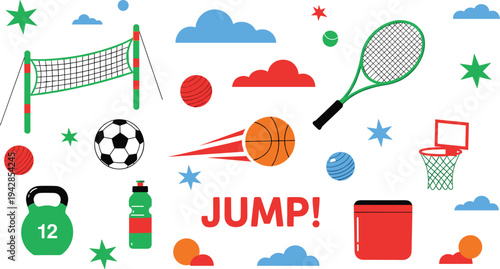 Set of sports equipment icons with cad drawing flat vector illustration, featuring basketball, soccer, tennis, volleyball, and fitness gym elements.