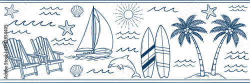 Set of summer beach vacation icons with cad drawing flat vector illustration, featuring sailboats, palm trees, surfboards, dolphins, and seashells.