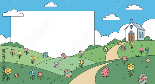 Easter Landscape with Church, Colorful Eggs, and Copy Space Flat Vector Illustration
